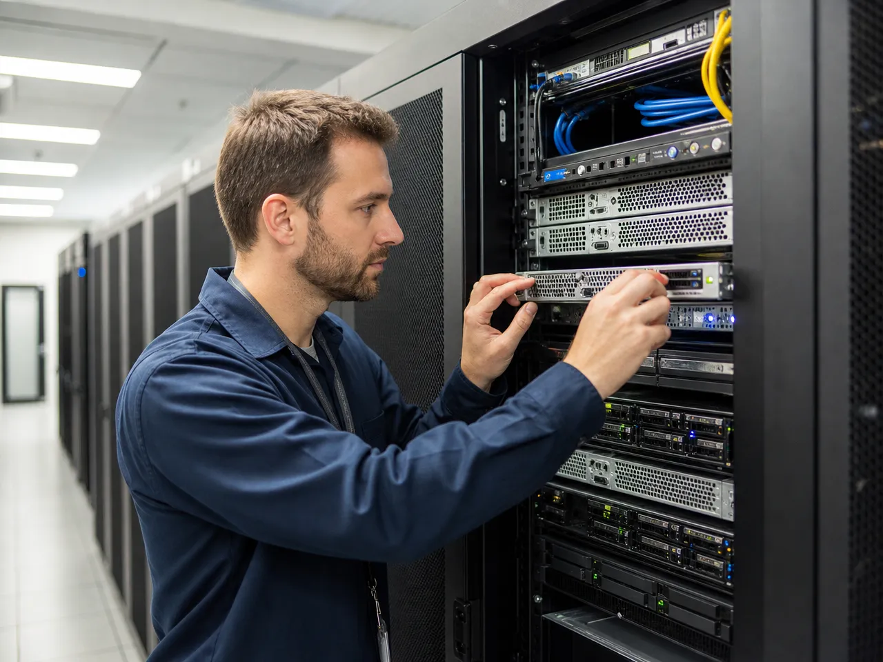 Technician checking network equipment in a data center