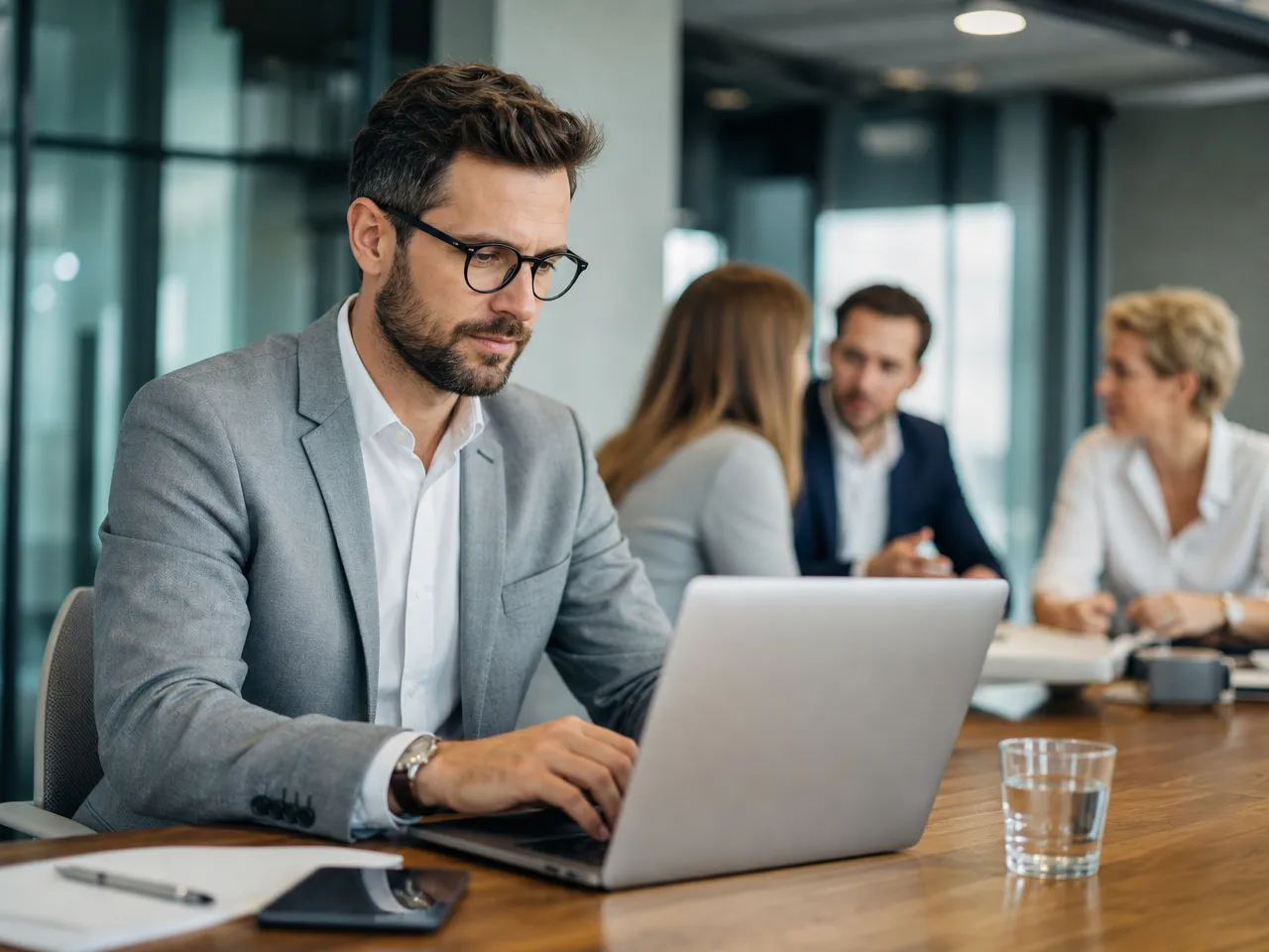 IT professional working on a laptop during a team meeting