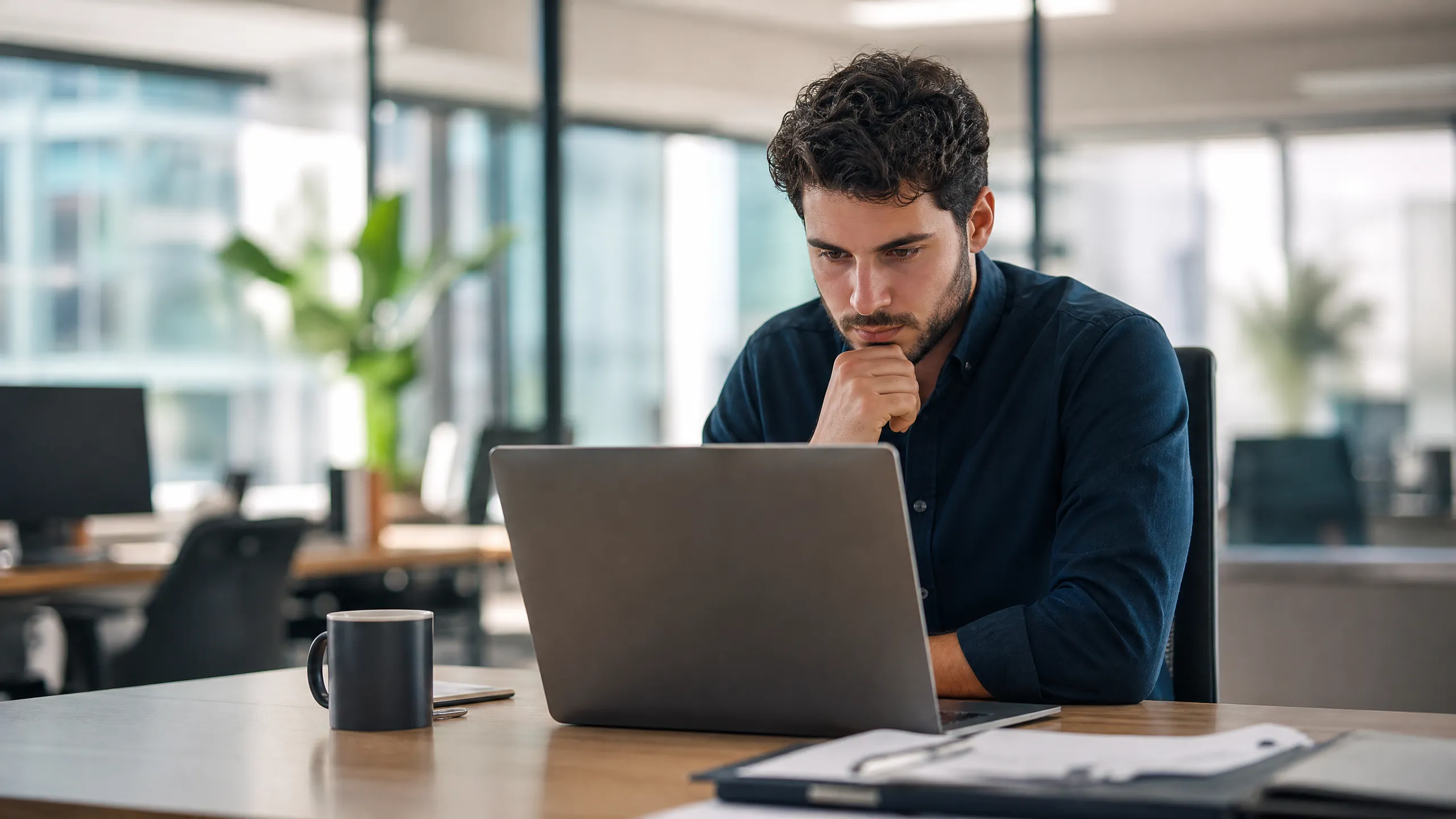 Student holding a laptop in a modern office