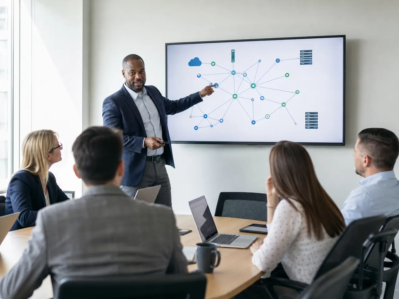 Instructor presenting a network diagram to a small group