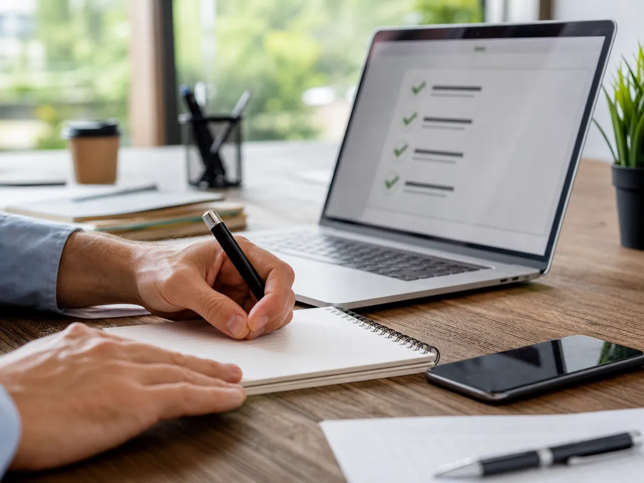 Hands taking notes beside a laptop showing a study checklist